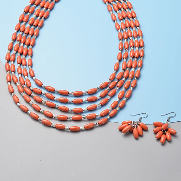 Constituted Orange Howlite 765.50 Ctw Earrings And Drape Necklace 20 Inches In Black Oxidized Silvertone And Stainless Steel