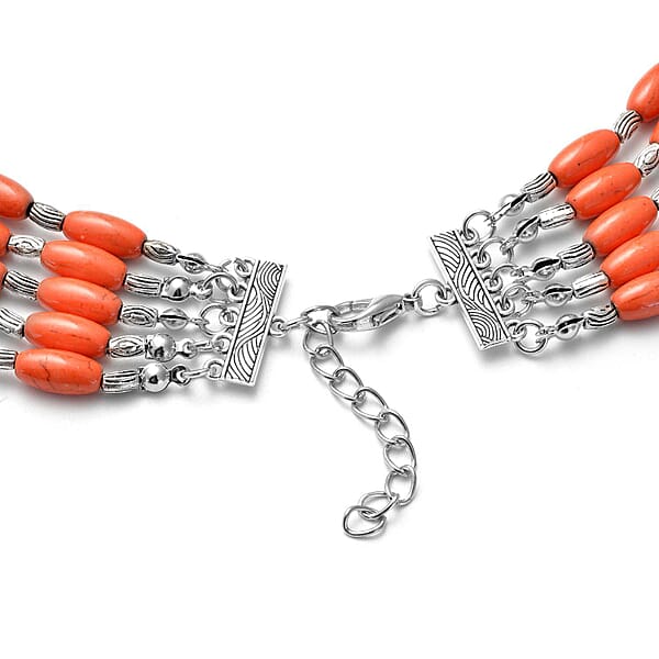 Constituted Orange Howlite 765.50 Ctw Earrings And Drape Necklace 20 Inches In Black Oxidized Silvertone And Stainless Steel