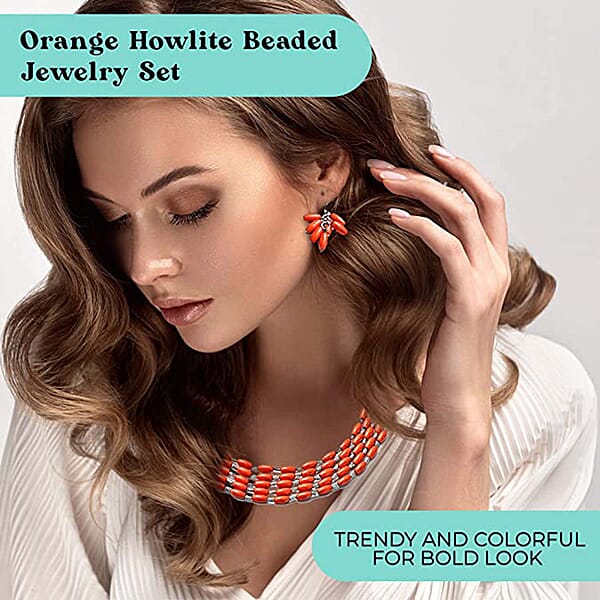 Constituted Orange Howlite 765.50 Ctw Earrings And Drape Necklace 20 Inches In Black Oxidized Silvertone And Stainless Steel