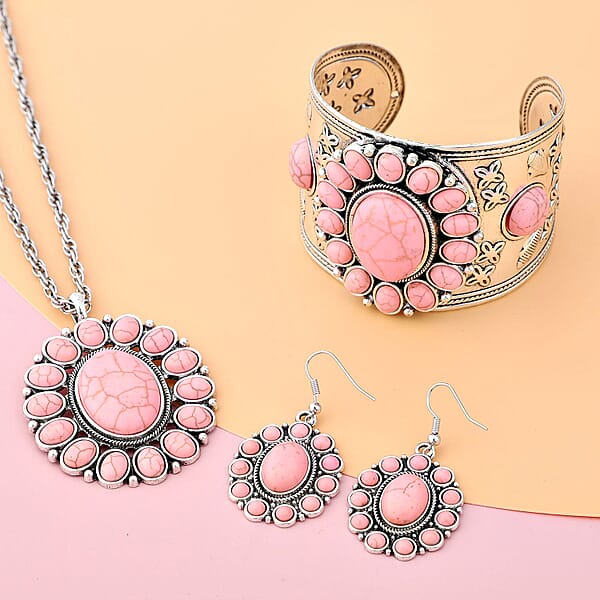 Constituted Pink Howlite 139.00 Ctw Floral Cuff Bracelet (7.50-8.50 In) Earrings And Pendant Necklace 26-30 Inches In Silvertone