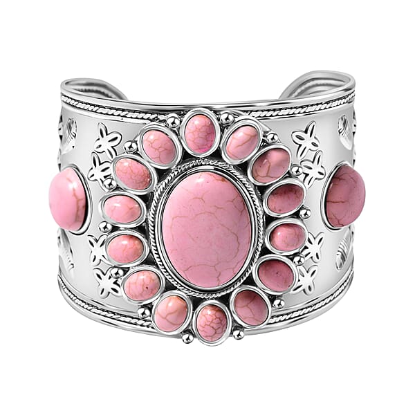 Constituted Pink Howlite 139.00 Ctw Floral Cuff Bracelet (7.50-8.50 In) Earrings And Pendant Necklace 26-30 Inches In Silvertone