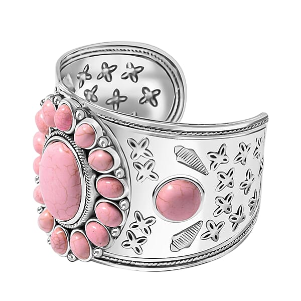 Constituted Pink Howlite 139.00 Ctw Floral Cuff Bracelet (7.50-8.50 In) Earrings And Pendant Necklace 26-30 Inches In Silvertone