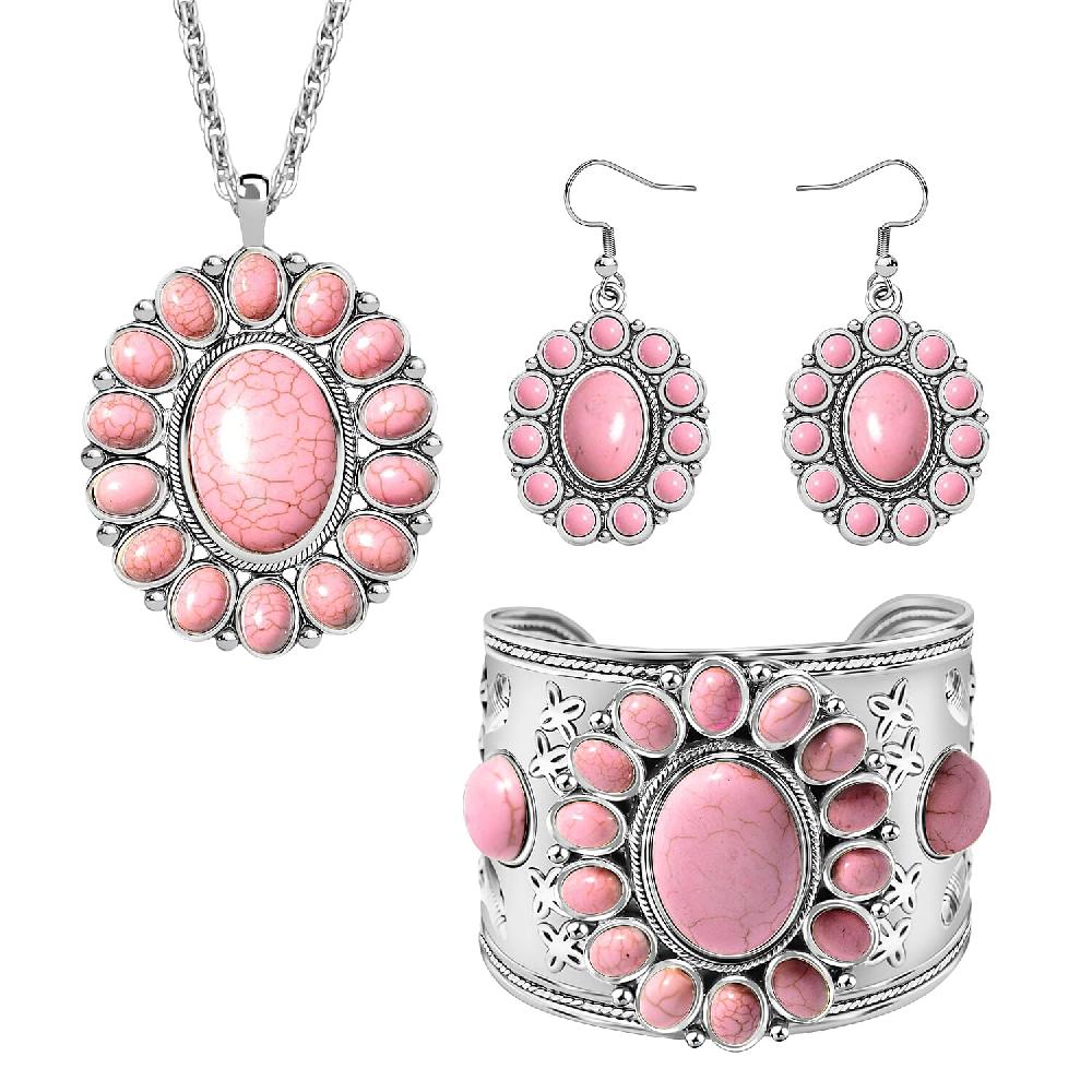 Constituted Pink Howlite 139.00 ctw Floral Cuff Bracelet (7.50-8.50 In) Earrings and Pendant Necklace 26-30 Inches in Silvertone