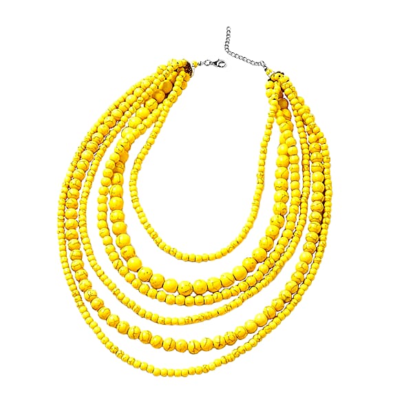 Constituted Yellow Howlite 1438.50 Ctw Beaded Dangle Earrings And Multi Strand Necklace 18-20 Inches In Black Oxidized Silvertone And Stainless Steel