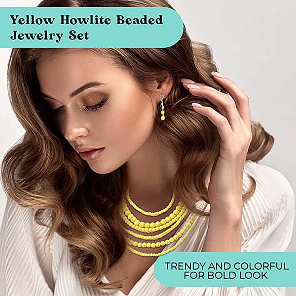Constituted Yellow Howlite 1438.50 Ctw Beaded Dangle Earrings And Multi Strand Necklace 18-20 Inches In Black Oxidized Silvertone And Stainless Steel