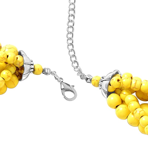 Constituted Yellow Howlite 1438.50 Ctw Beaded Dangle Earrings And Multi Strand Necklace 18-20 Inches In Black Oxidized Silvertone And Stainless Steel
