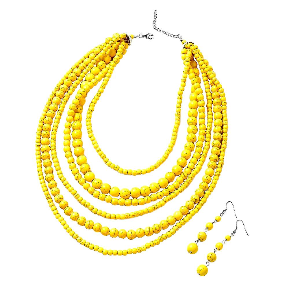 Constituted Yellow Howlite 1438.50 ctw Beaded Dangle Earrings and Multi Strand Necklace 18-20 Inches in Black Oxidized Silvertone and Stainless Steel
