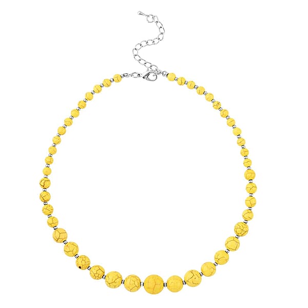 Constituted Yellow Howlite 187.50 Ctw Beaded Necklace 18-22 Inches And Earrings In Silvertone