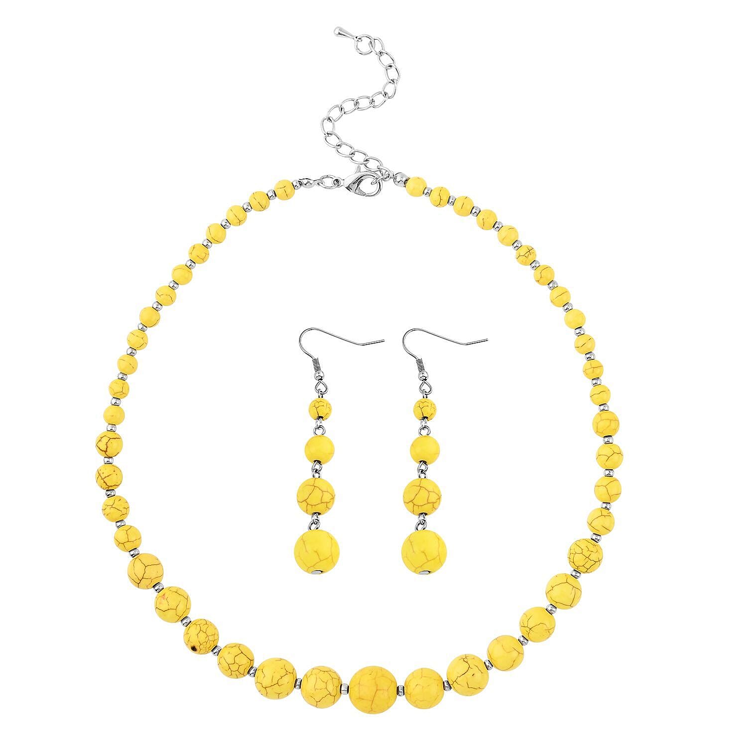 Constituted Yellow Howlite 187.50 ctw Beaded Necklace 18-22 Inches and Earrings in Silvertone