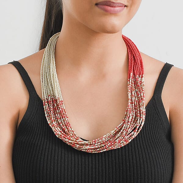 Coral And Ivory Knotted Glass Seed Beaded Necklace In Goldtone 17-19 Inches