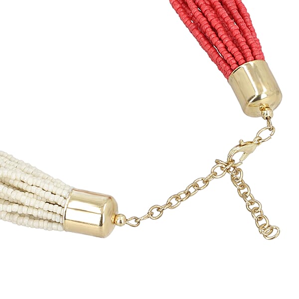 Coral And Ivory Knotted Glass Seed Beaded Necklace In Goldtone 17-19 Inches