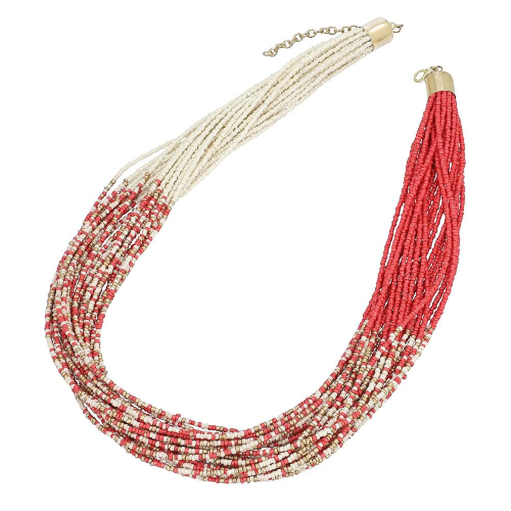 Coral and Ivory Knotted Glass Seed Beaded Necklace in Goldtone 17-19 Inches