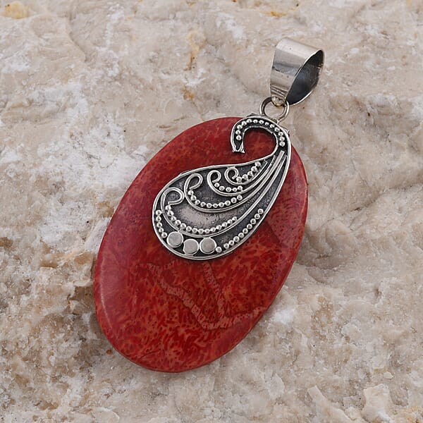 Coral Oval Shape Pendant Without Chain In Sterling Silver