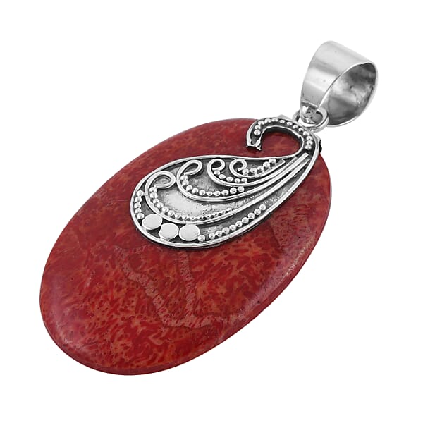Coral Oval Shape Pendant Without Chain In Sterling Silver