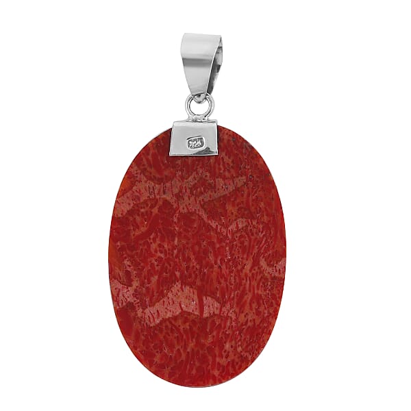 Coral Oval Shape Pendant Without Chain In Sterling Silver