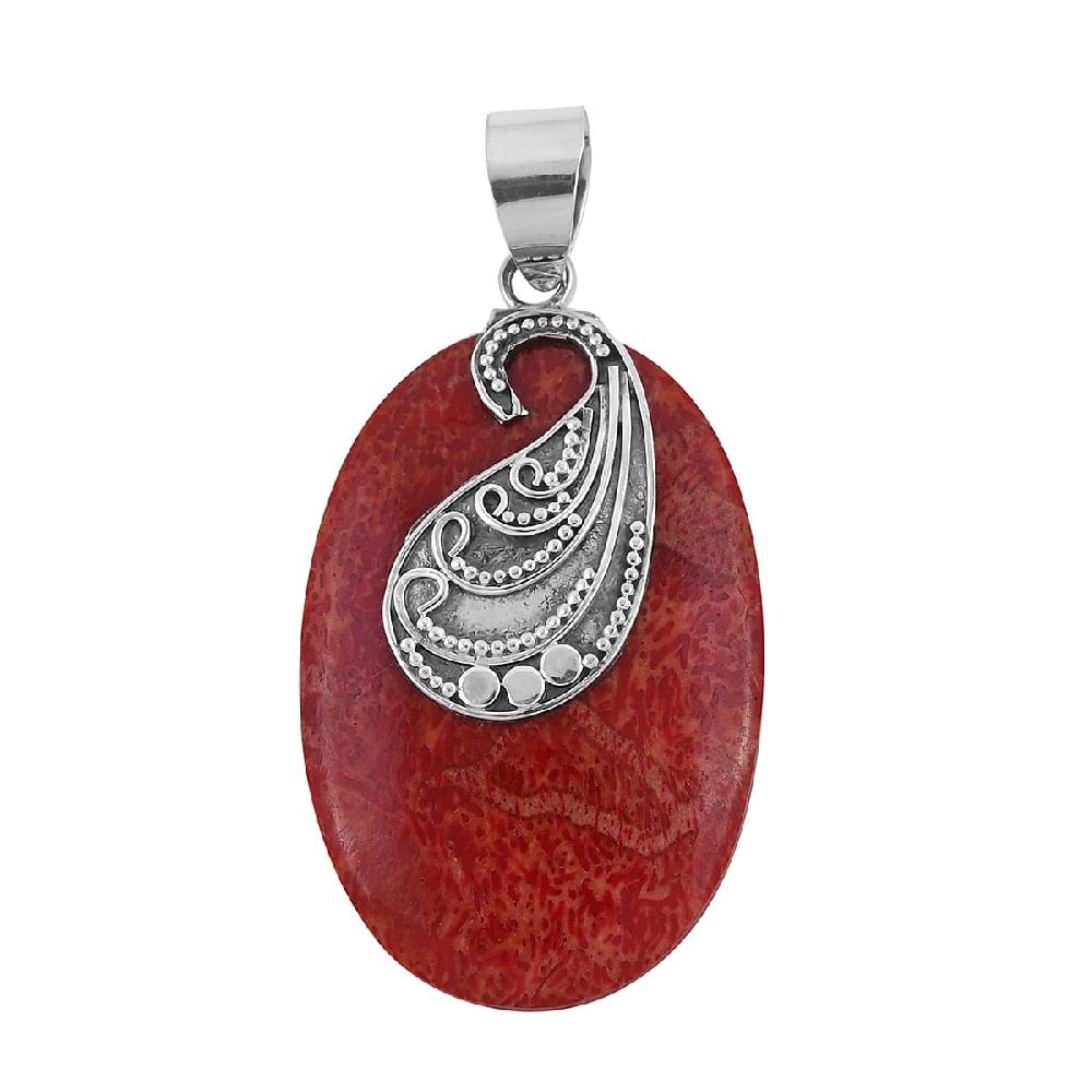 Coral Oval Shape Pendant without Chain in Sterling Silver