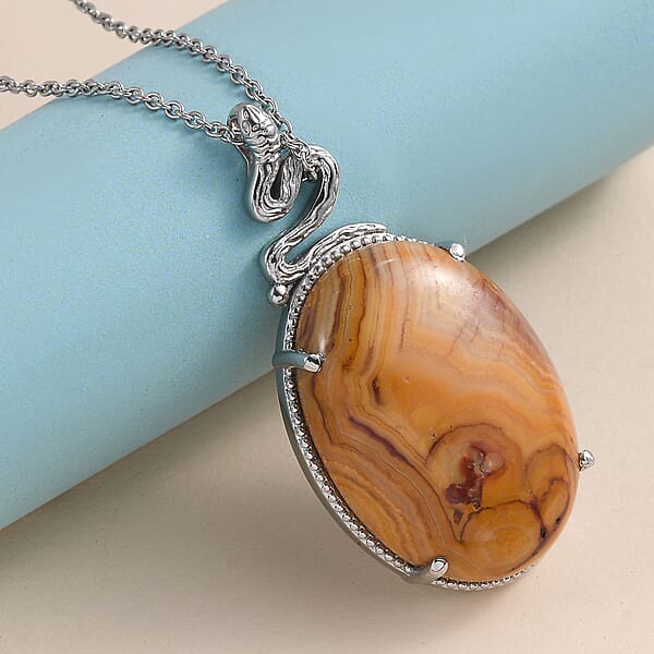 Crazy Lace Agate 38.50 Ctw Solitaire Pendant Necklace 20 Inches In Stainless Steel
