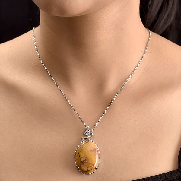 Crazy Lace Agate 38.50 Ctw Solitaire Pendant Necklace 20 Inches In Stainless Steel