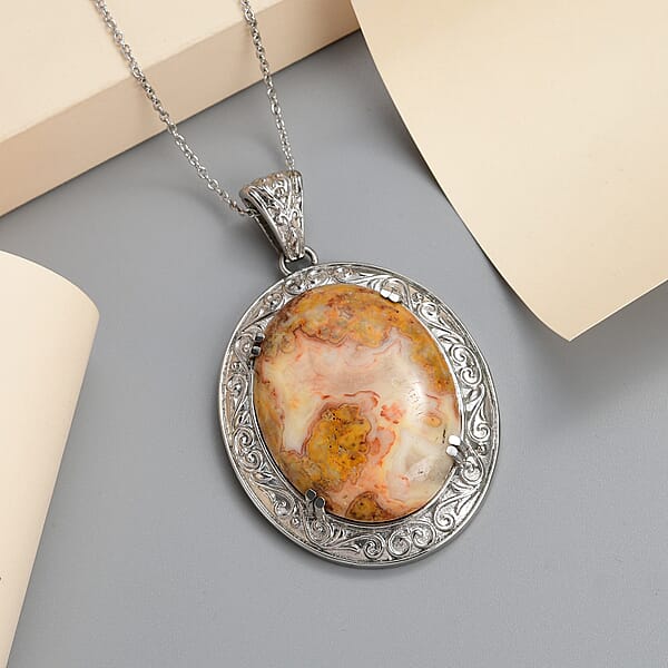 Crazy Lace Agate 82.50 Ctw Pendant Necklace 20 Inches In Stainless Steel Tarnish-Free Waterproof Sweat Proof Jewelry