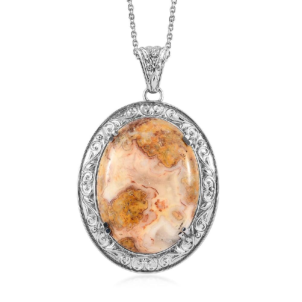 Crazy Lace Agate 82.50 ctw Pendant Necklace 20 Inches in Stainless Steel Tarnish-Free Waterproof Sweat Proof Jewelry