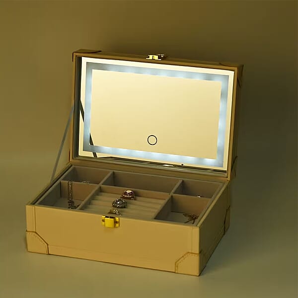 Cream Faux Leather USB Rechargeable Jewelry Box With LED Touch Mirror