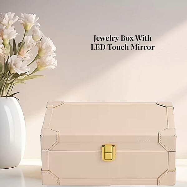Cream Faux Leather USB Rechargeable Jewelry Box With LED Touch Mirror