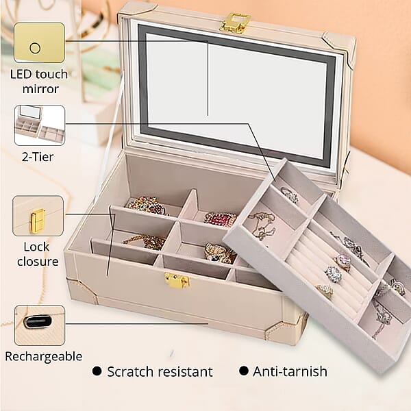 Cream Faux Leather USB Rechargeable Jewelry Box With LED Touch Mirror