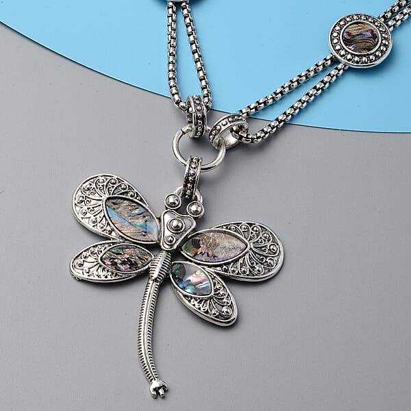 Creature Couture - Abalone Shell And Austrian Crystal Dragonfly Necklace In Silvertone 20-22 Inches