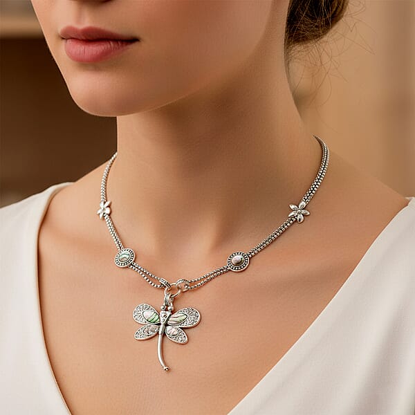 Creature Couture - Abalone Shell And Austrian Crystal Dragonfly Necklace In Silvertone 20-22 Inches