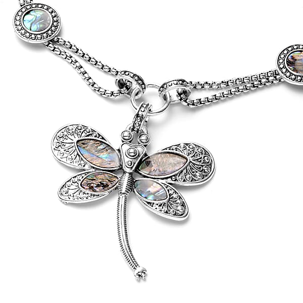 Creature Couture - Abalone Shell And Austrian Crystal Dragonfly Necklace In Silvertone 20-22 Inches