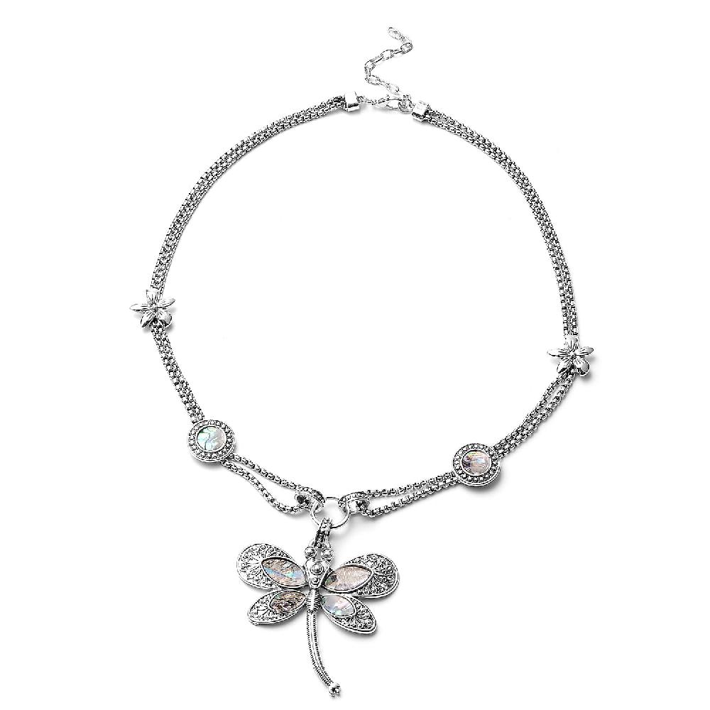 Creature Couture - Abalone Shell and Austrian Crystal Dragonfly Necklace in Silvertone 20-22 Inches