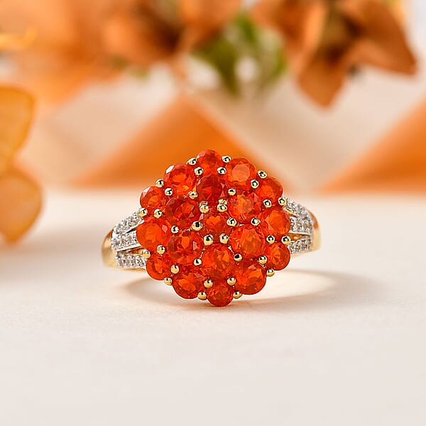 Crimson Fire Opal And White Zircon 1.50 Ctw Floral Ring In Vermeil Yellow Gold Over Sterling Silver
