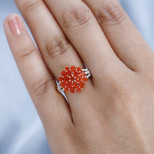 Crimson Fire Opal And White Zircon 1.50 Ctw Floral Ring In Vermeil Yellow Gold Over Sterling Silver