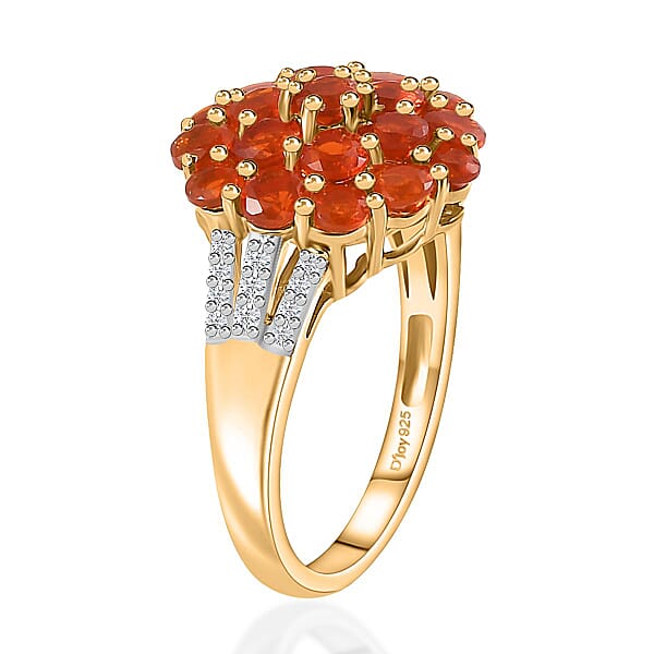 Crimson Fire Opal And White Zircon 1.50 Ctw Floral Ring In Vermeil Yellow Gold Over Sterling Silver