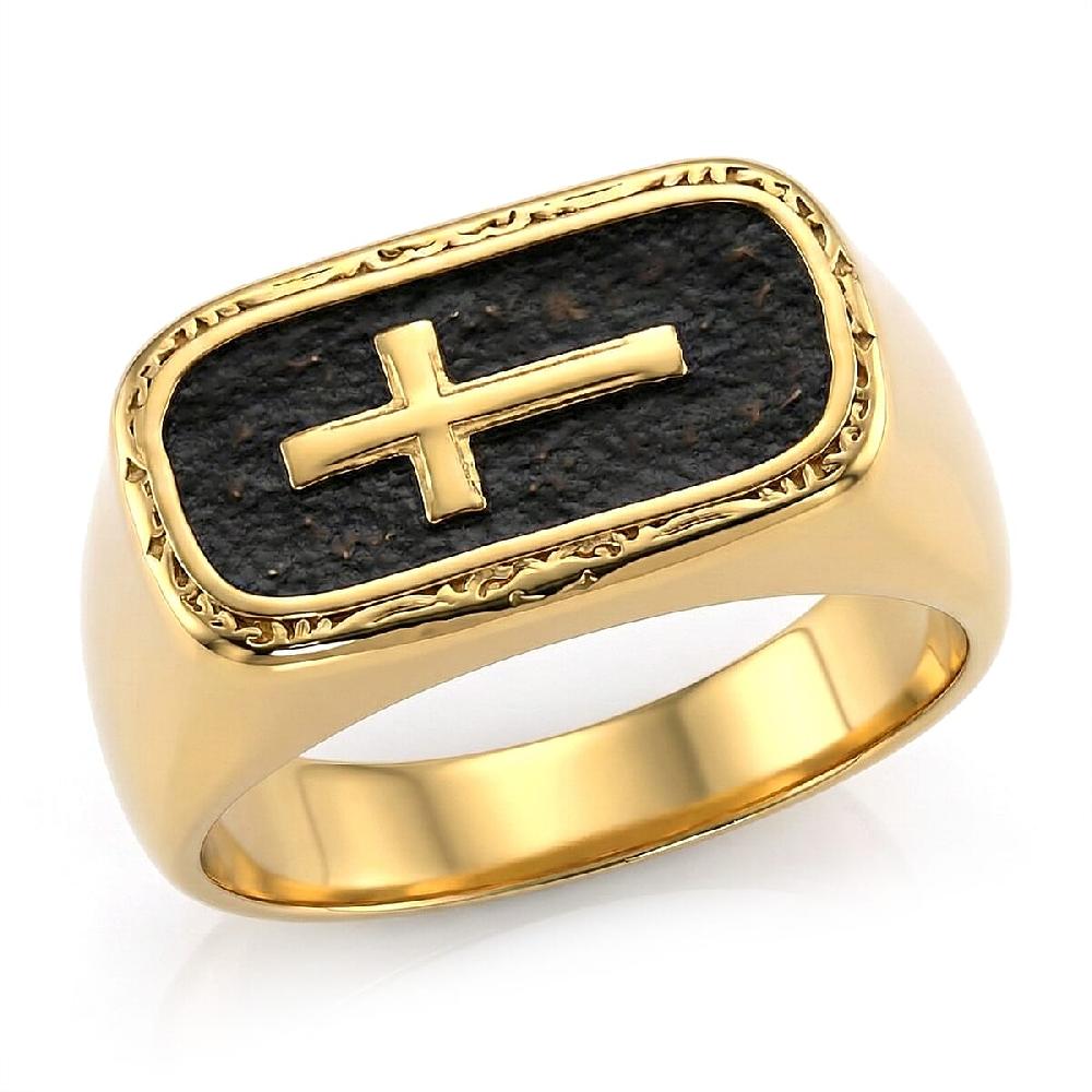 Cross Men's Ring in Black Oxidized and ION Plated YG Stainless Steel