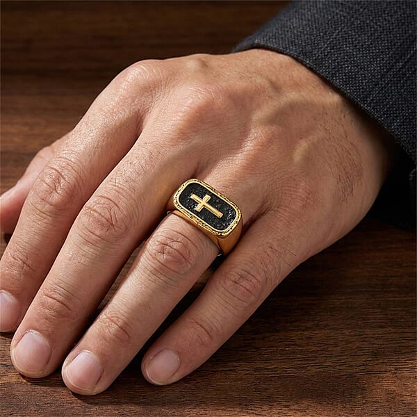 Cross Ring In Black Oxidized And ION Plated YG Stainless Steel
