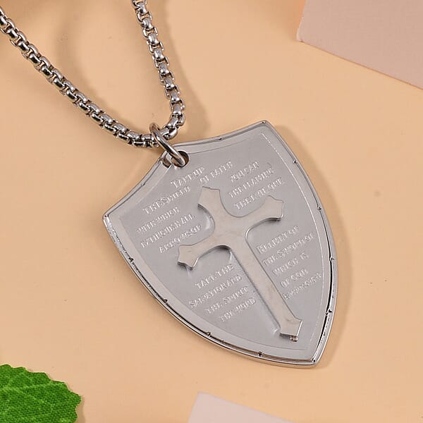 Cross With Bible Mens Pendant Necklace 24 Inches In Stainless Steel
