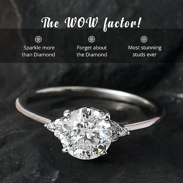 D'Joy 100 Facets Moissanite 1.85 Ctw Ring In Rhodium Over Sterling Silver Engagement Ring For Women