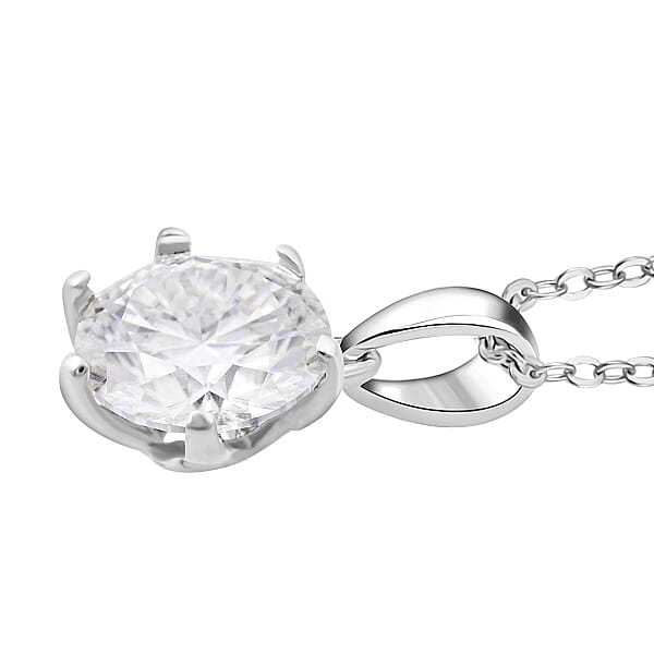 D'Joy 100 Facets Moissanite 2.15 Ctw Solitaire Pendant Necklace In Rhodium Over Sterling Silver 20 Inches