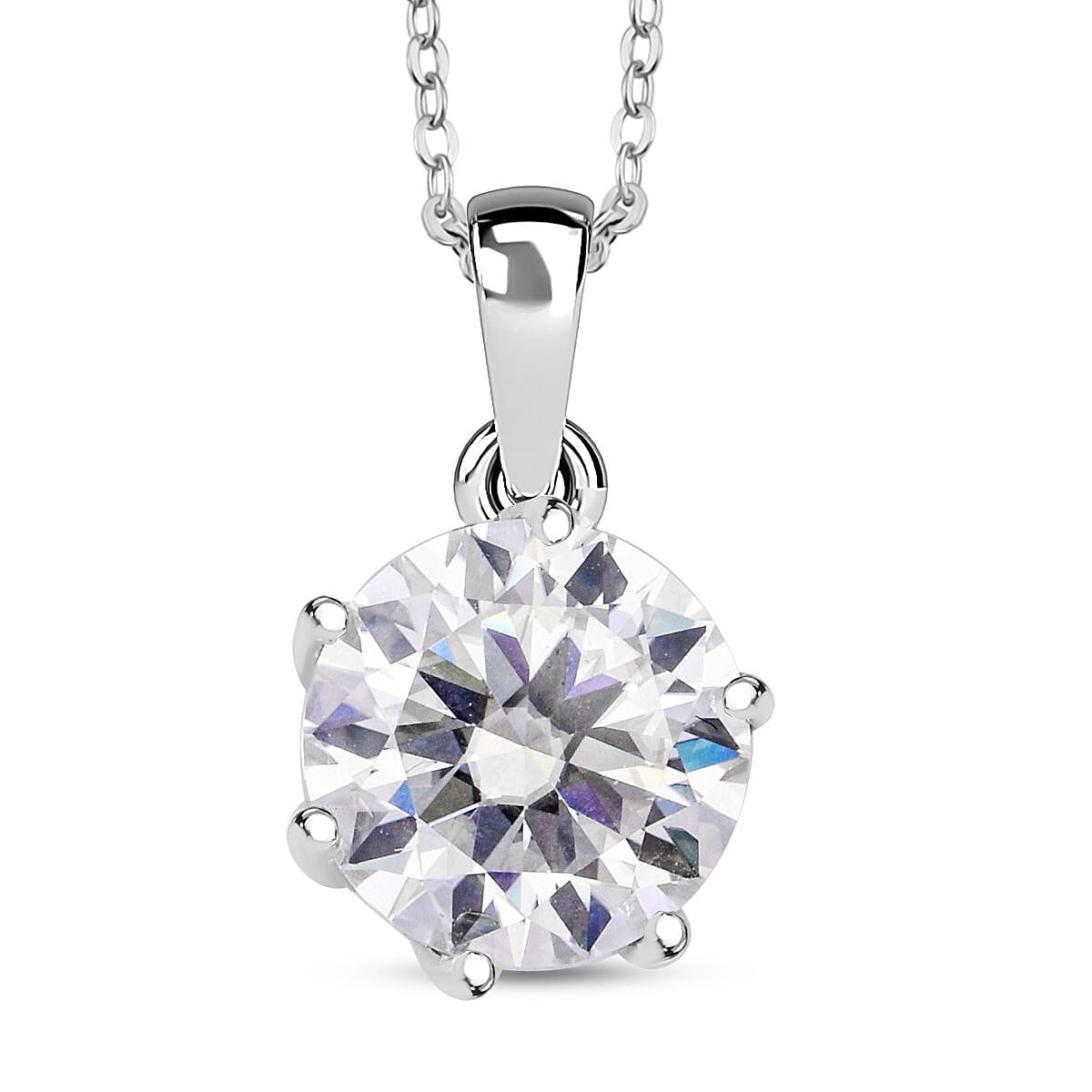 D'Joy 100 Facets Moissanite 2.15 ctw Solitaire Pendant Necklace in Rhodium Over Sterling Silver 20 Inches