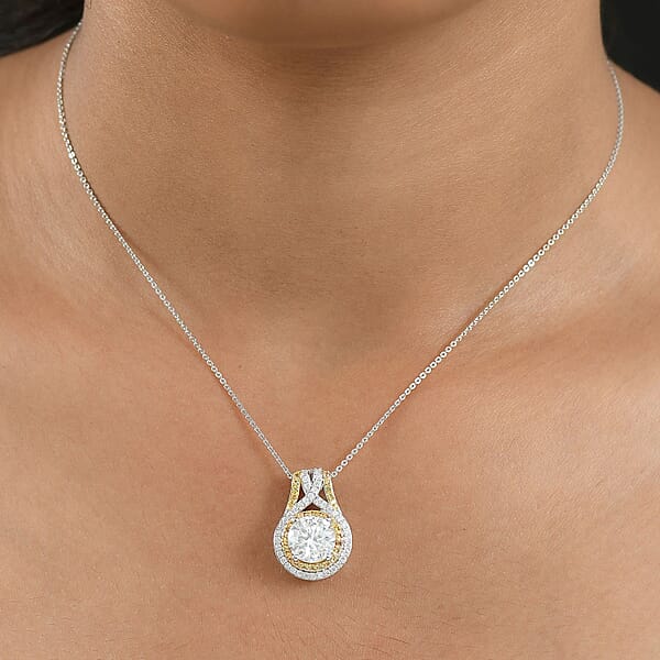 D'Joy 100 Facets Moissanite And Yellow Sapphire 3.45 Ctw Celestial Halo Pendant Necklace In Rhodium Over Sterling Silver 20 Inches