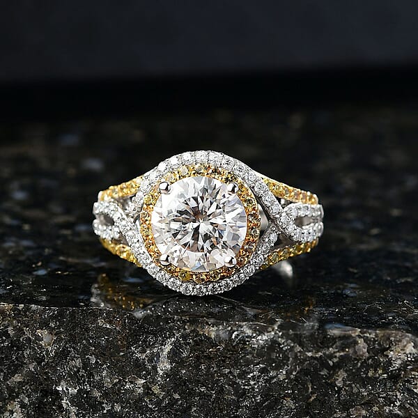 D'Joy 100 Facets Moissanite And Yellow Sapphire 3.70 Ctw Celestial Halo Ring In Rhodium Over Sterling Silver