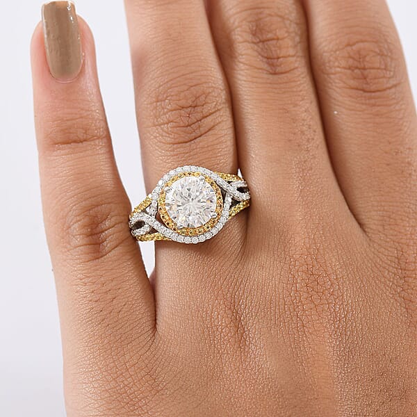 D'Joy 100 Facets Moissanite And Yellow Sapphire 3.70 Ctw Celestial Halo Ring In Rhodium Over Sterling Silver