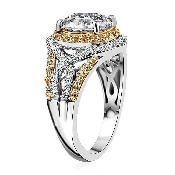 D'Joy 100 Facets Moissanite And Yellow Sapphire 3.70 Ctw Celestial Halo Ring In Rhodium Over Sterling Silver