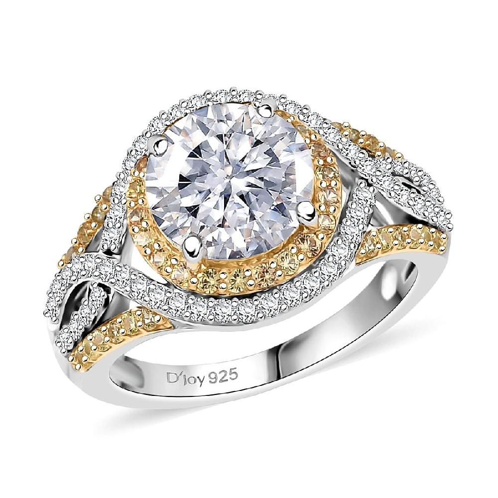 D'Joy 100 Facets Moissanite and Yellow Sapphire 3.70 ctw Celestial Halo Ring in Rhodium Over Sterling Silver