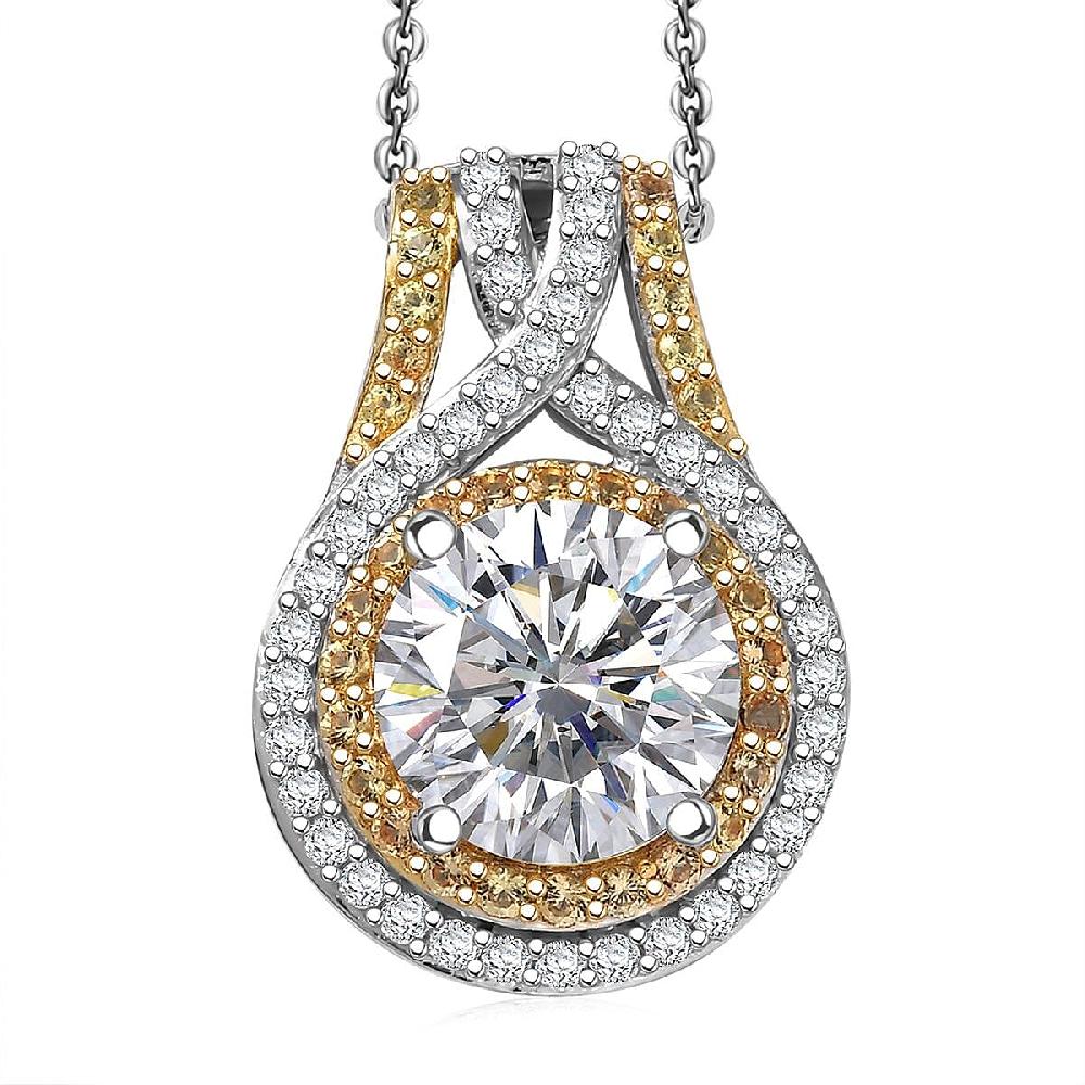 D'Joy 100 Facets Moissanite and Yellow Sapphire 3.45 ctw Celestial Halo Pendant Necklace in Rhodium Over Sterling Silver 20 Inches