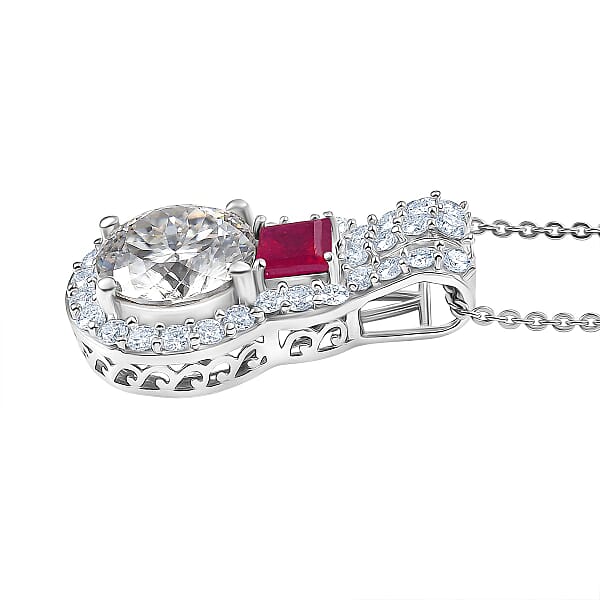 D'Joy 120 Facet Moissanite And Niassa Ruby (FF) 3.80 Ctw Pendant Necklace In Rhodium Over Sterling Silver 20 Inches