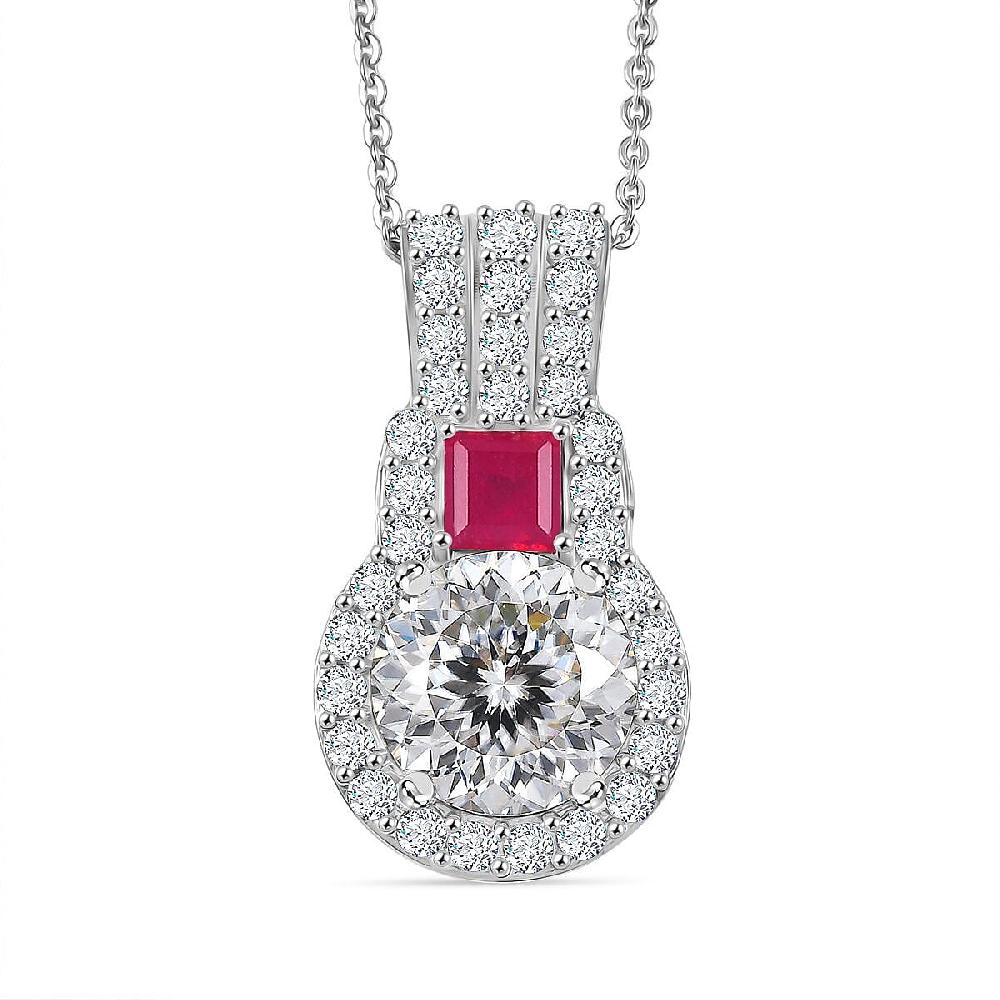 D'Joy 120 Facet Moissanite and Niassa Ruby (FF) 3.80 ctw Pendant Necklace in Rhodium Over Sterling Silver 20 Inches