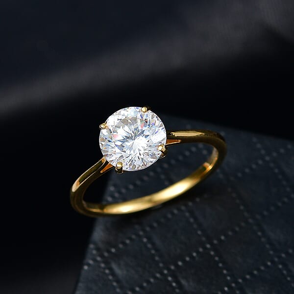D'Joy 129 Facet Strontium Titanate 3.00 Ctw Classic Solitaire Ring In 18K Vermeil Yellow Gold Over Sterling Silver