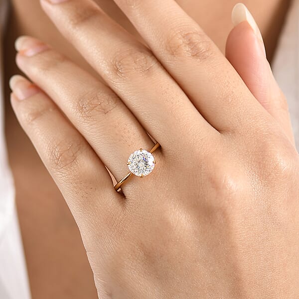 D'Joy 129 Facet Strontium Titanate 3.00 Ctw Classic Solitaire Ring In 18K Vermeil Yellow Gold Over Sterling Silver